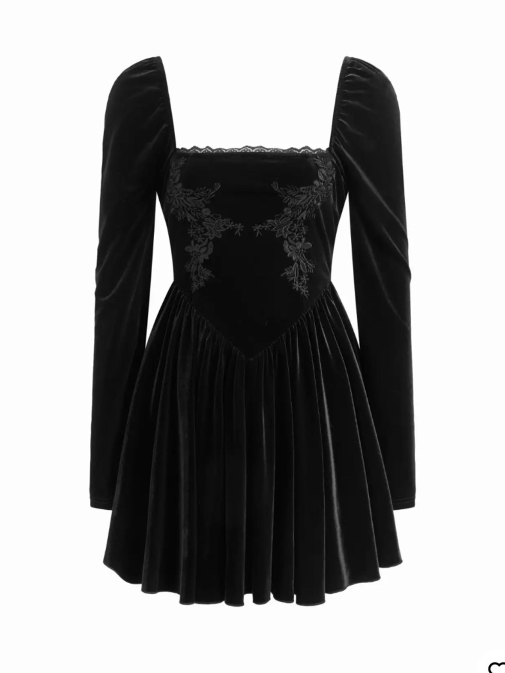 VELVET SQUARE NECKLINE LONG SLEEVE RUFFLE LACE TRIM MINI DRESS